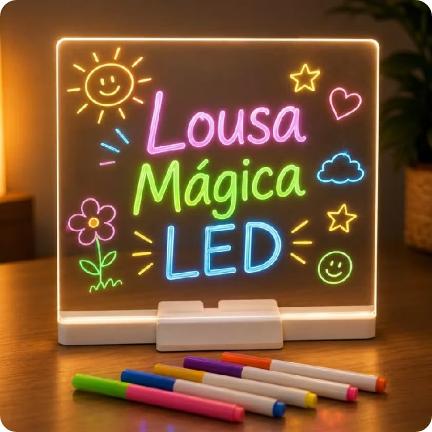 Pizarra Mágica LED Transparente – vista con marcadores